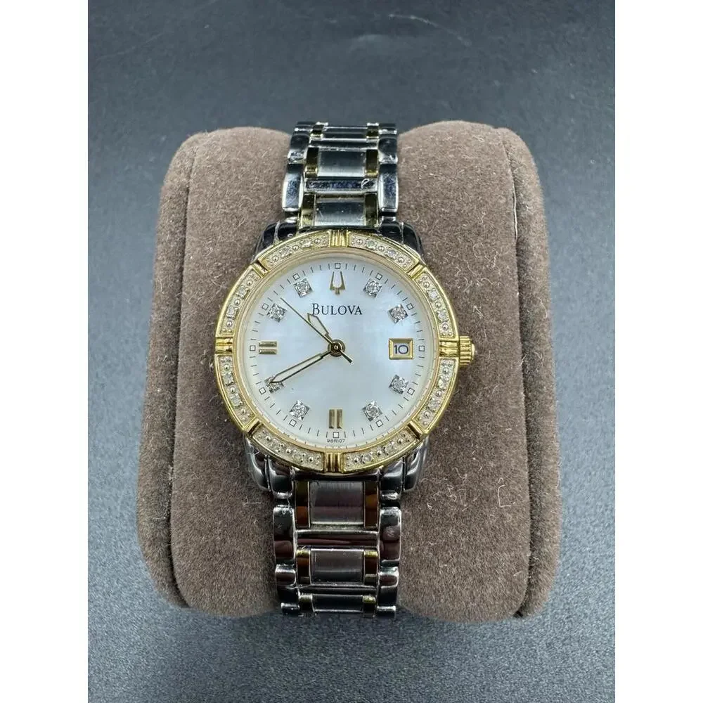 Bulova Watch Women 26mm Silver Gold Tone 98R107 MOP Diamond with New Battery  VG